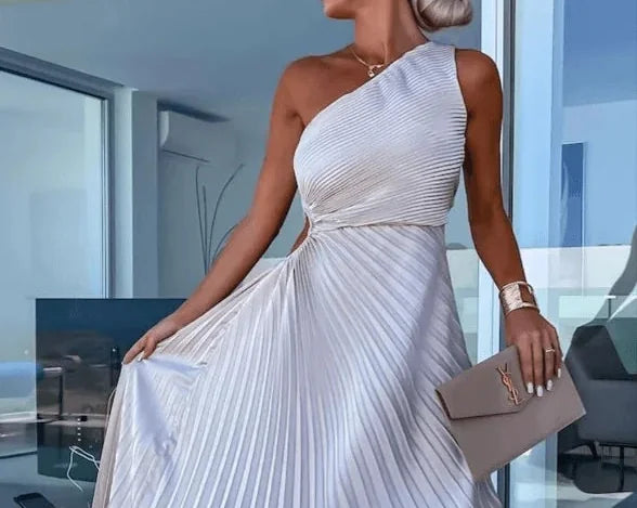 Wedding Guest Dress – Red One-Shoulder Pleated Maxi
