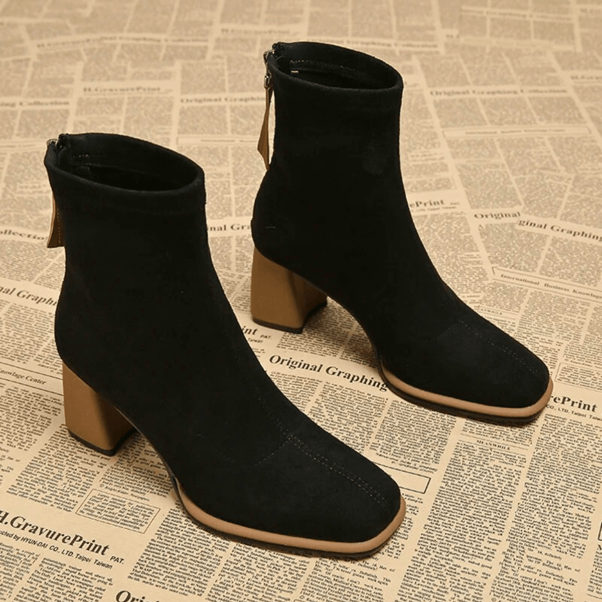 Jacinthe | Rear Zipper Detail Block Heel Ankle Boots