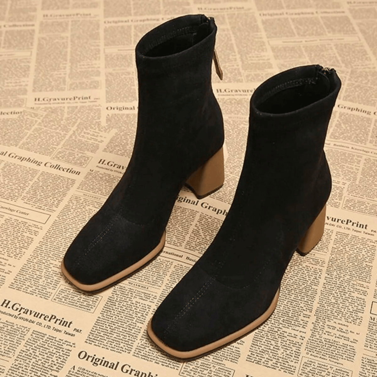 Jacinthe | Rear Zipper Detail Block Heel Ankle Boots