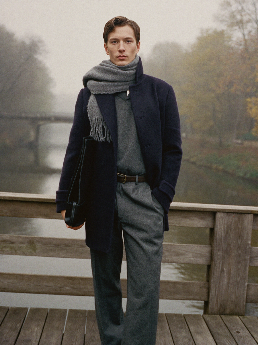 Navy peacoat, grey scarf