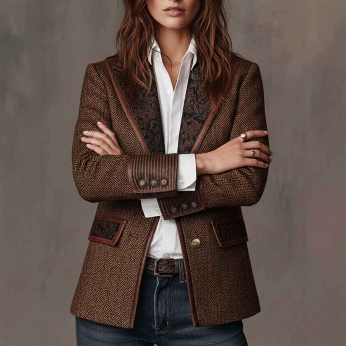 Whitney - Women's Herringbone Paisley Trim Button Blazer