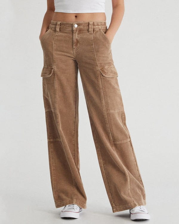 Wide-Leg Corduroy Cargo Pants – Flap Pockets, Seamed Front & Washed Finish | Esme