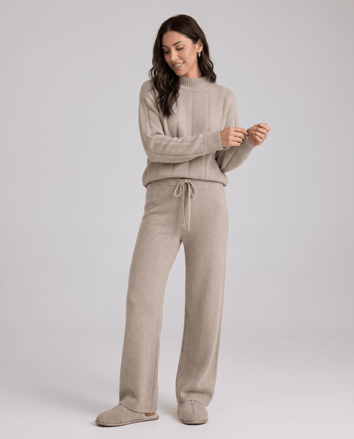 Wide-Leg Lounge Set – Ribbed Knit, Loose Mock-Neck Top & Drawstring Waist | Hedda