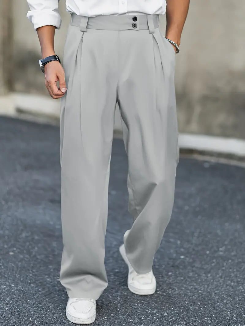 Wide Leg Pleated Chino Trousers for Men