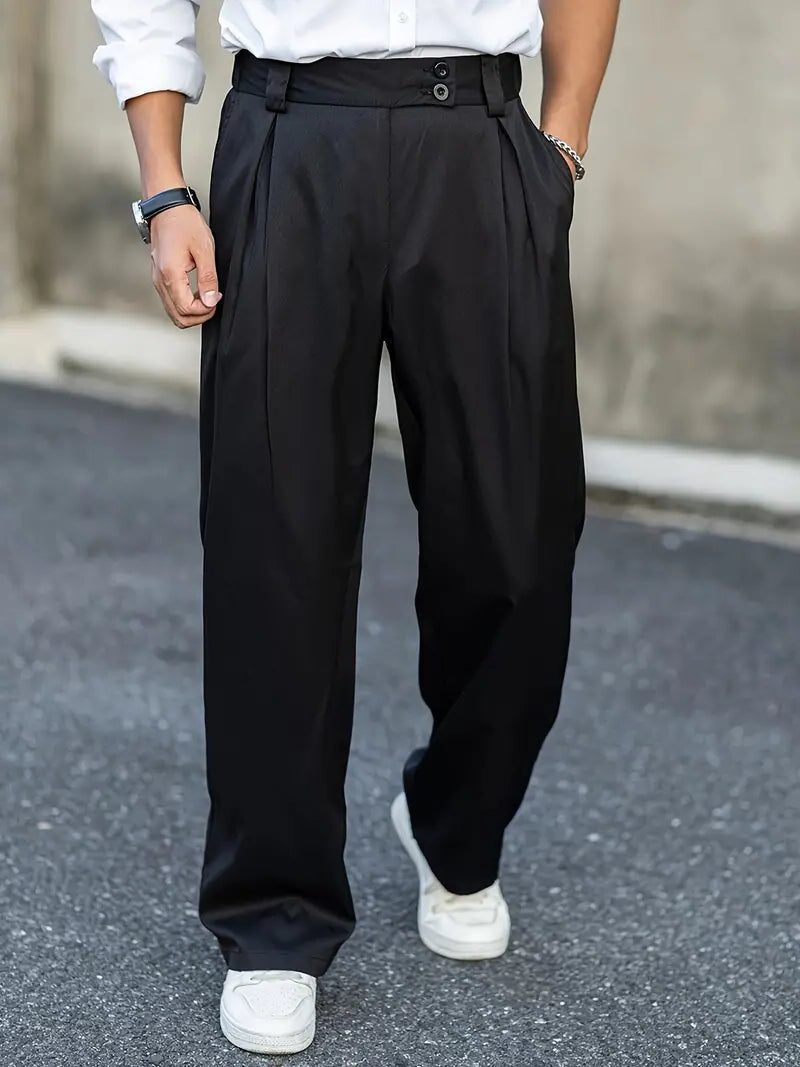 Wide Leg Pleated Chino Trousers for Men