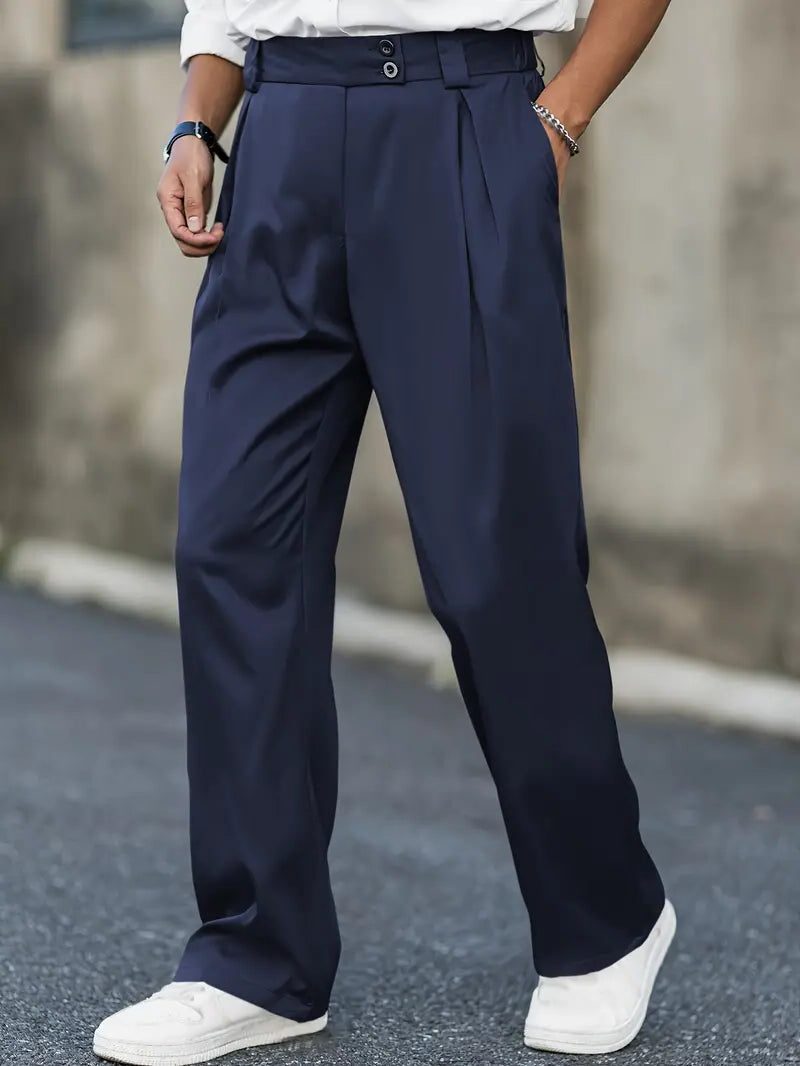 Wide Leg Pleated Chino Trousers for Men