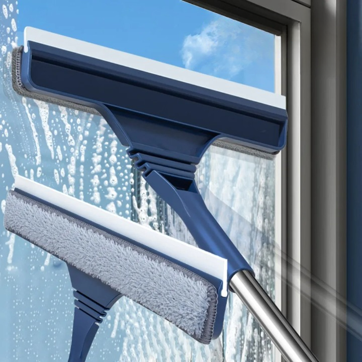Window Squeegee with Microfiber Scrubber and Telescopic Pole for Streak-Free Cleaning