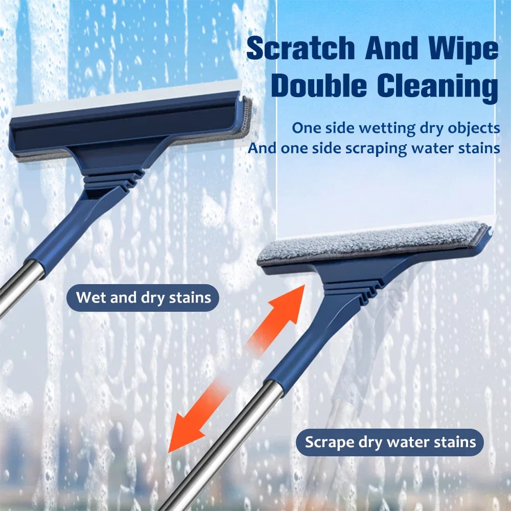 Window Squeegee with Microfiber Scrubber and Telescopic Pole for Streak-Free Cleaning