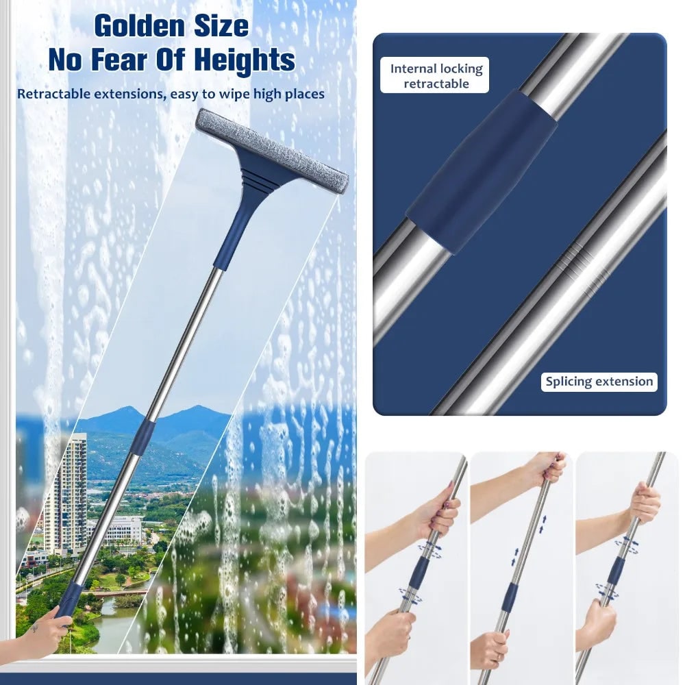 Window Squeegee with Microfiber Scrubber and Telescopic Pole for Streak-Free Cleaning