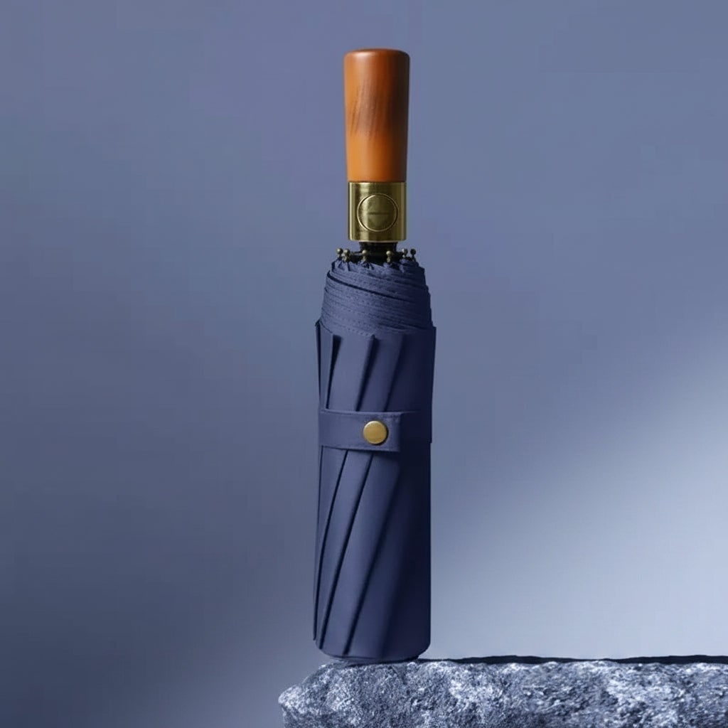 Windproof Travel Umbrella with Automatic Folding Wooden Handle and Compact Design
