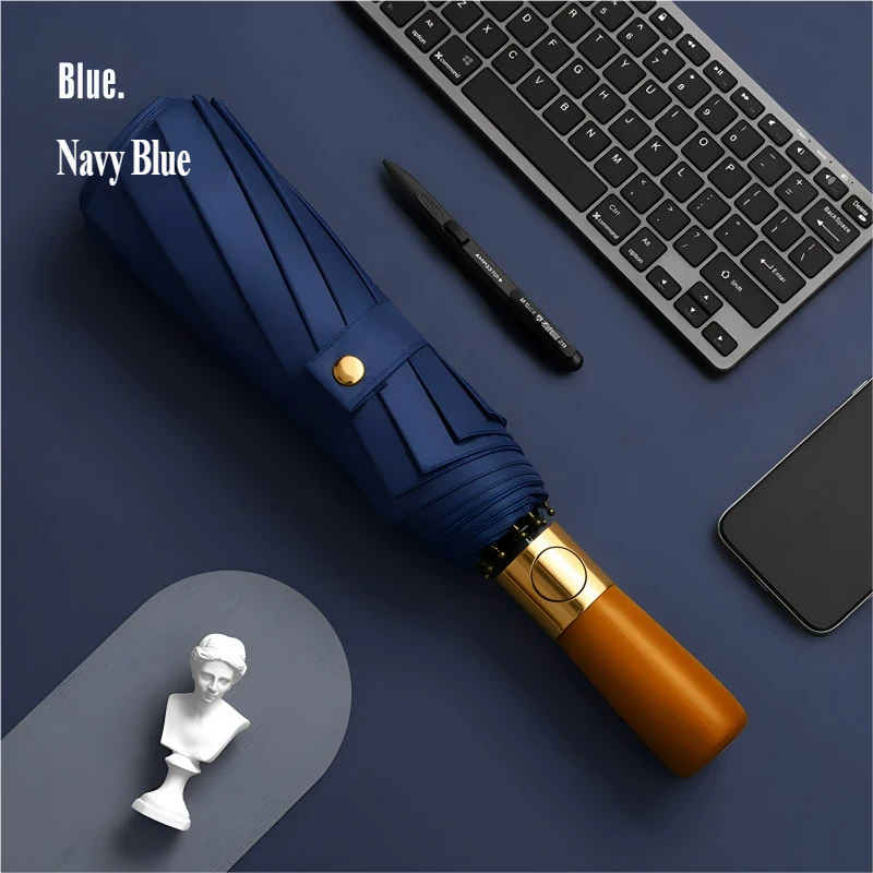 Windproof Travel Umbrella with Automatic Folding Wooden Handle and Compact Design