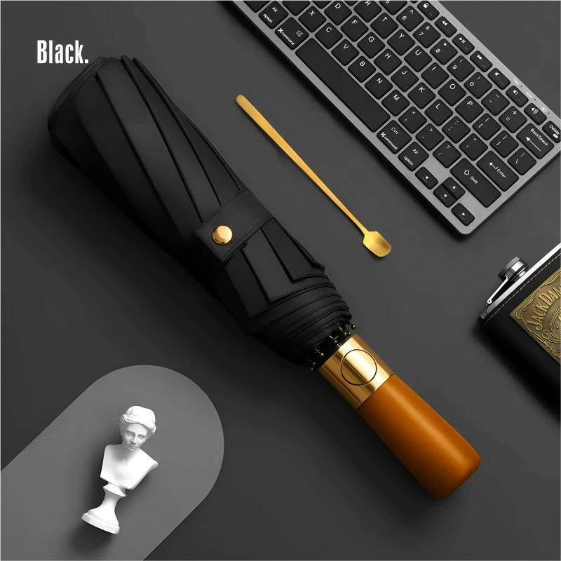 Windproof Travel Umbrella with Automatic Folding Wooden Handle and Compact Design