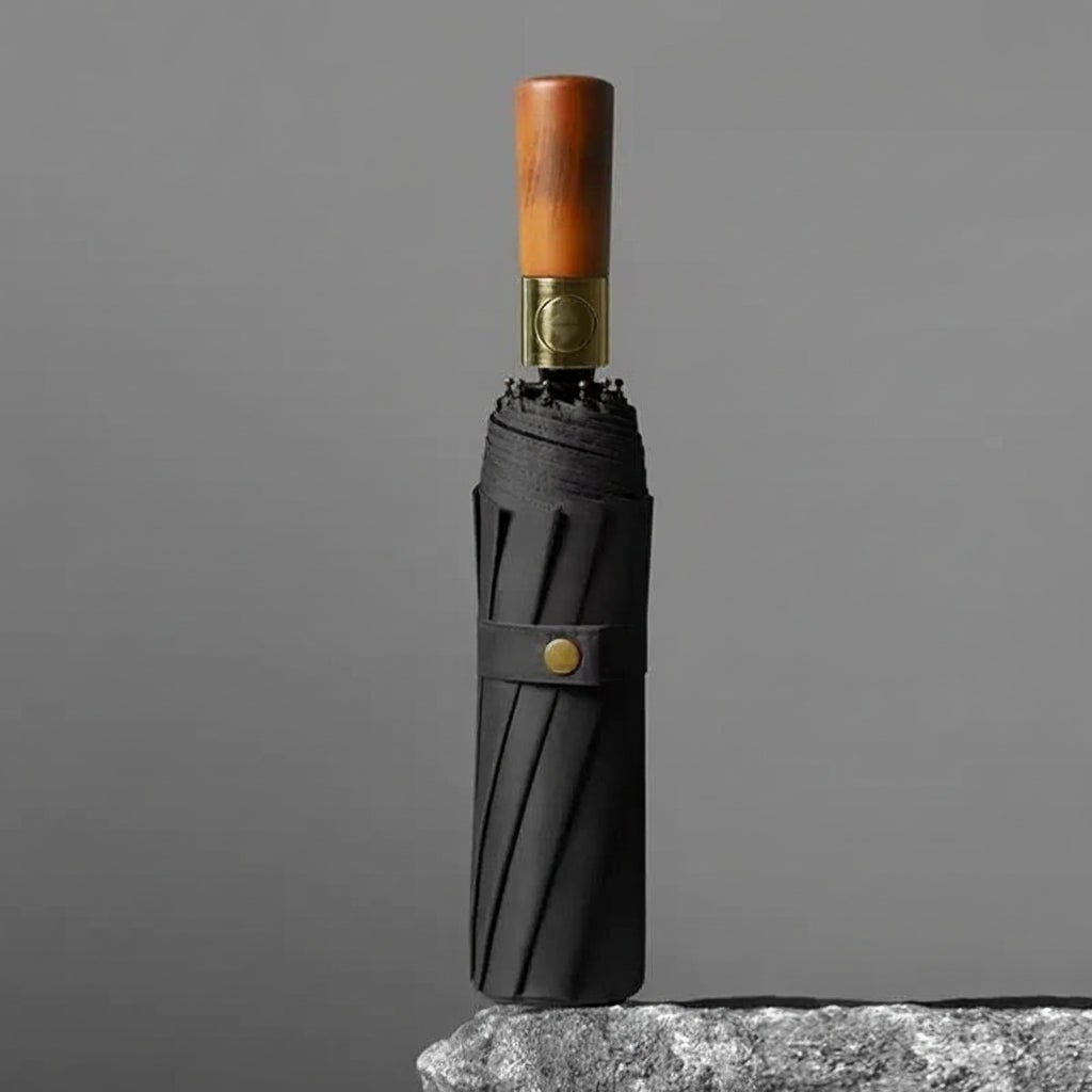 Windproof Travel Umbrella with Automatic Folding Wooden Handle and Compact Design