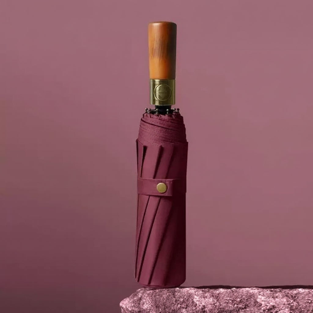 Windproof Travel Umbrella with Automatic Folding Wooden Handle and Compact Design