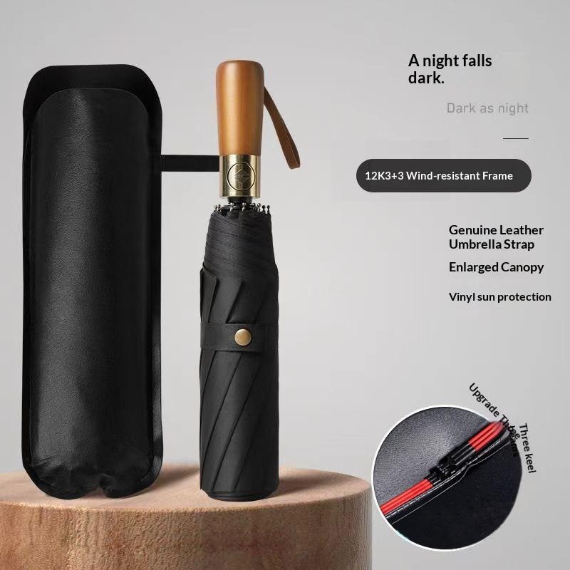 Windproof Travel Umbrella with Automatic Folding Wooden Handle and Compact Design