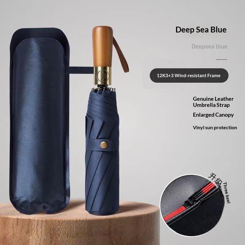 Windproof Travel Umbrella with Automatic Folding Wooden Handle and Compact Design