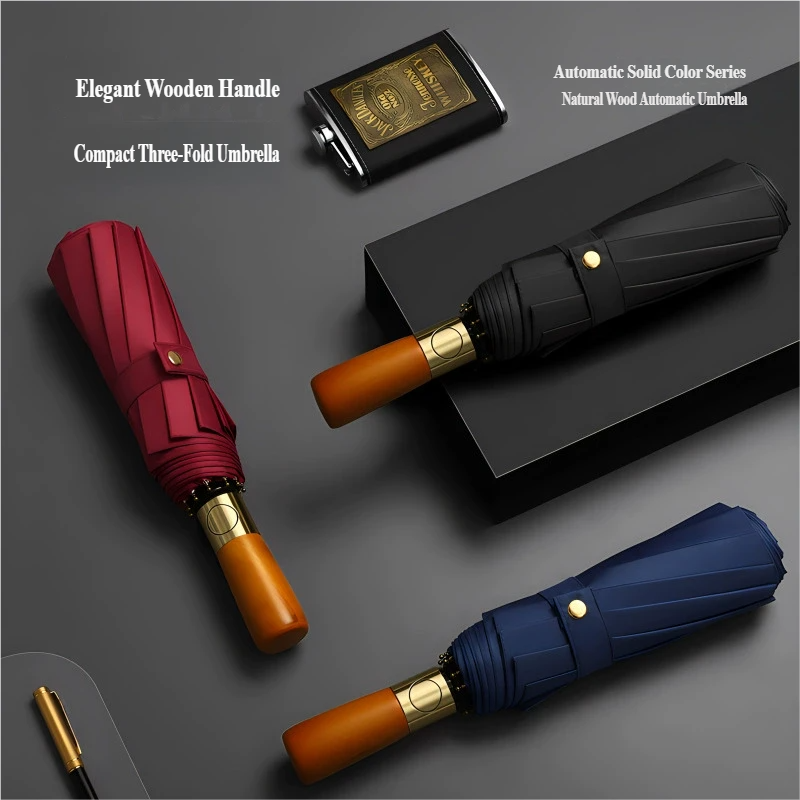 Windproof Travel Umbrella with Automatic Folding Wooden Handle and Compact Design