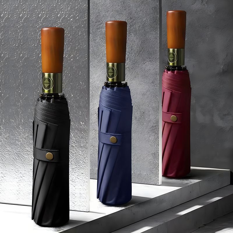 Windproof Travel Umbrella with Automatic Folding Wooden Handle and Compact Design