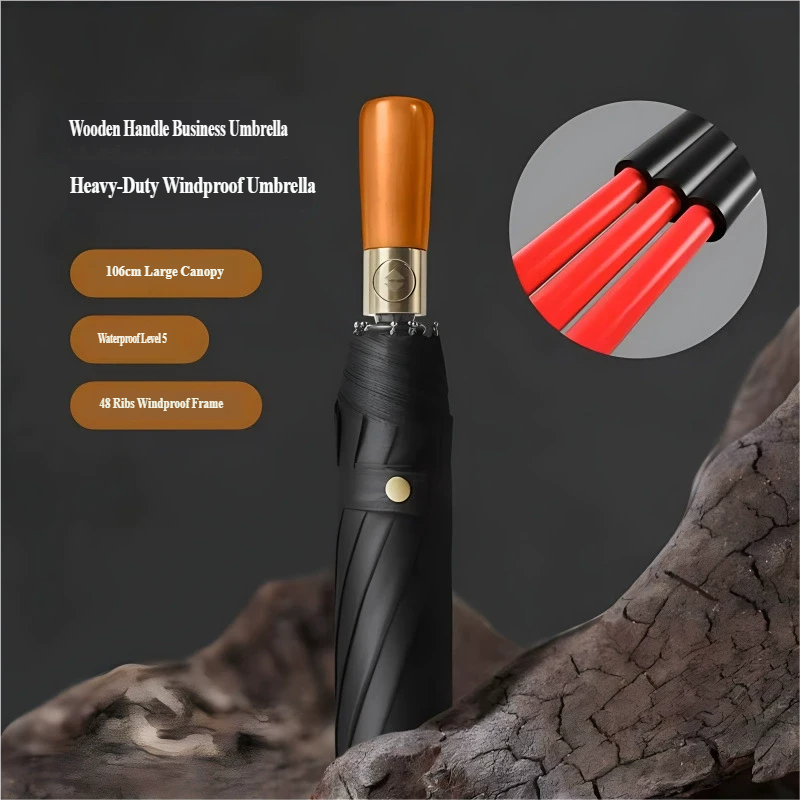 Windproof Travel Umbrella with Automatic Folding Wooden Handle and Compact Design
