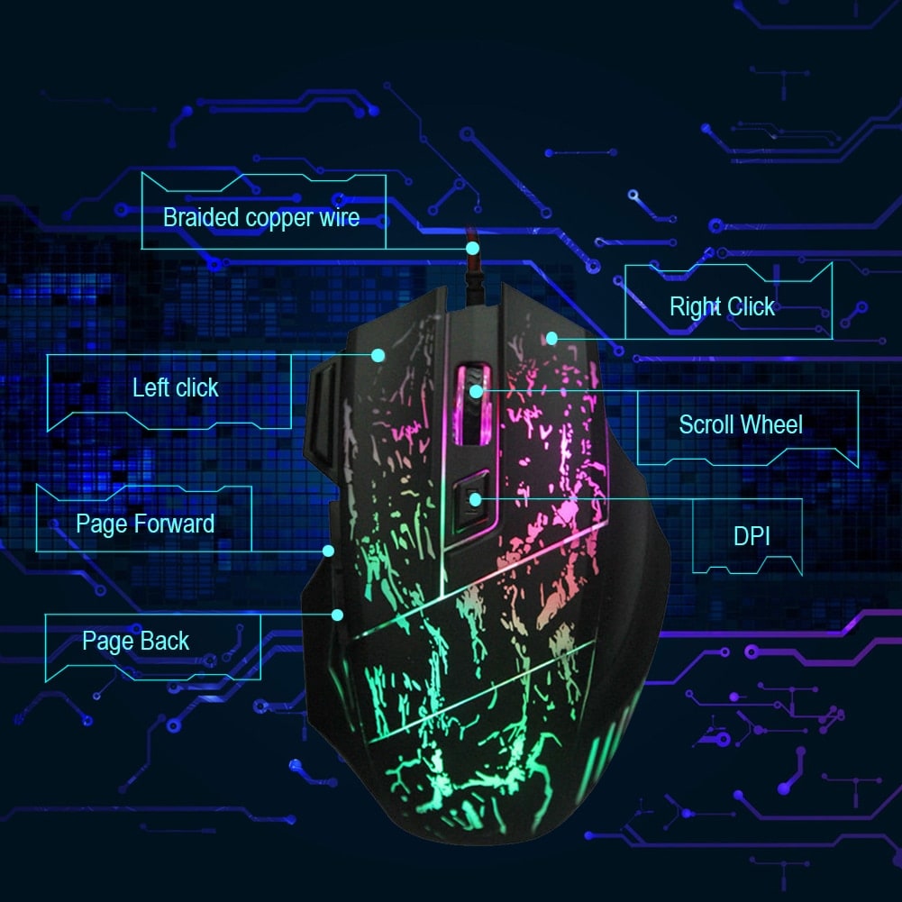 Wired Gaming Mouse with Rgb Crackle Pattern Ergonomic Design and Pad with Wrist Rest