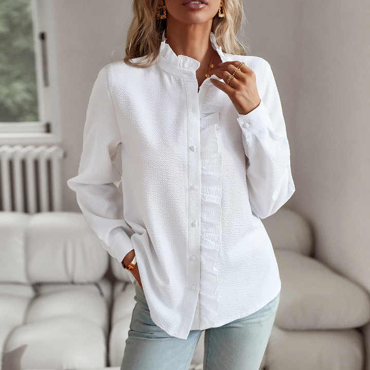 Women's Elegant Ruffle Neck Button-Up Blouse with Textured Fabric – Relaxed Long Sleeve Shirt for Office and Smart Casual Wear