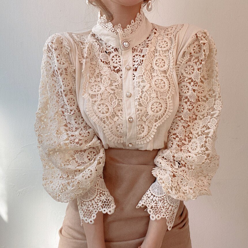 Women’s High-Neck Lace Blouse with Decorative Buttons and Scalloped Cuffs – Romantic Long-Sleeve Design for Elegant Everyday and Evening Styling