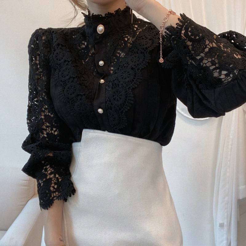 Women’s High-Neck Lace Blouse with Decorative Buttons and Scalloped Cuffs – Romantic Long-Sleeve Design for Elegant Everyday and Evening Styling