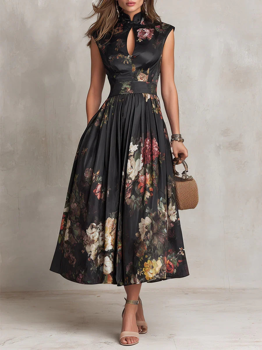 Women's Black Formal Dress | Midi Floral Keyhole Cap Sleeve Satin