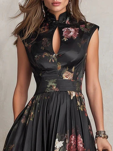 Women's Black Formal Dress | Midi Floral Keyhole Cap Sleeve Satin