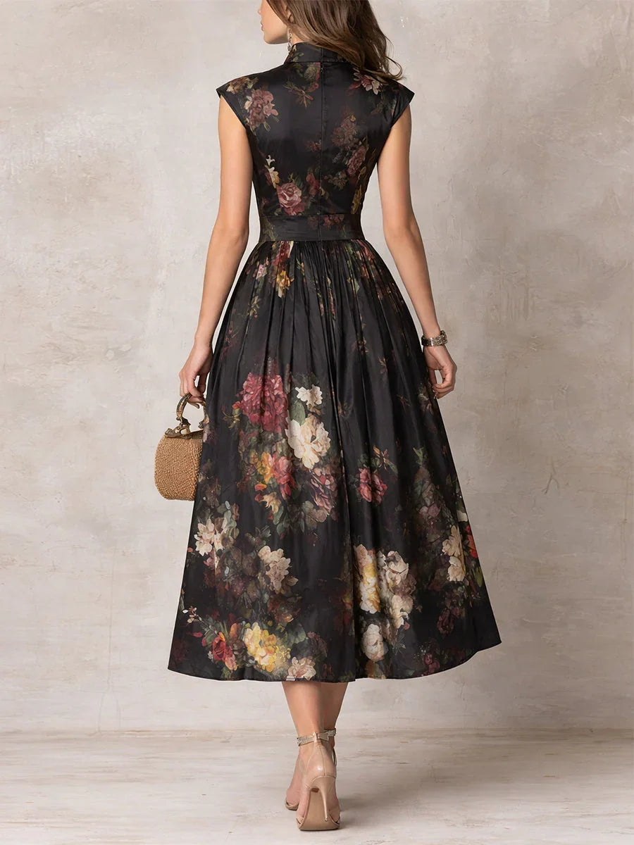 Women's Black Formal Dress | Midi Floral Keyhole Cap Sleeve Satin
