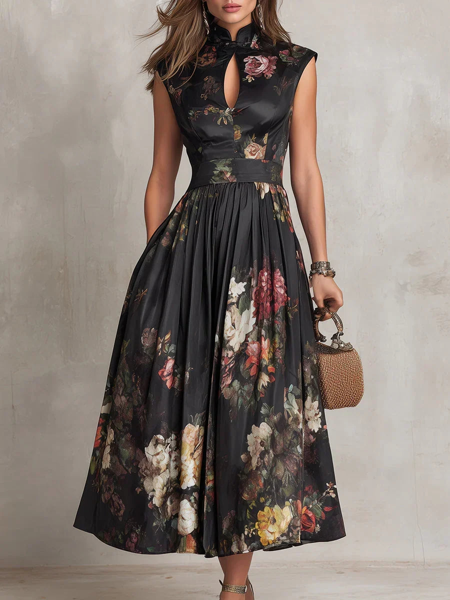 Women's Black Formal Dress | Midi Floral Keyhole Cap Sleeve Satin