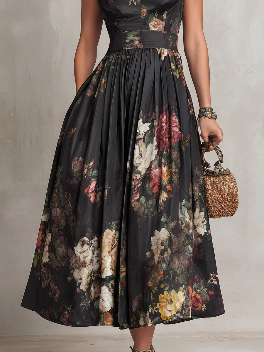 Women's Black Formal Dress | Midi Floral Keyhole Cap Sleeve Satin