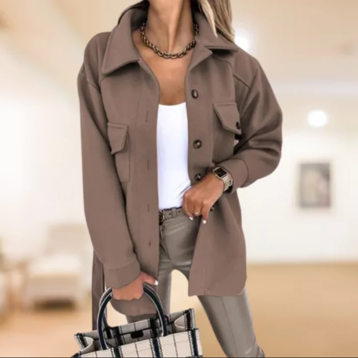 Women's Button-Front Shirt Jacket with Tie Belt