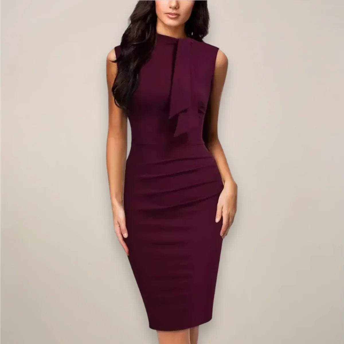Women's Cocktail Dress | Midi Mock Neck Ruched Side