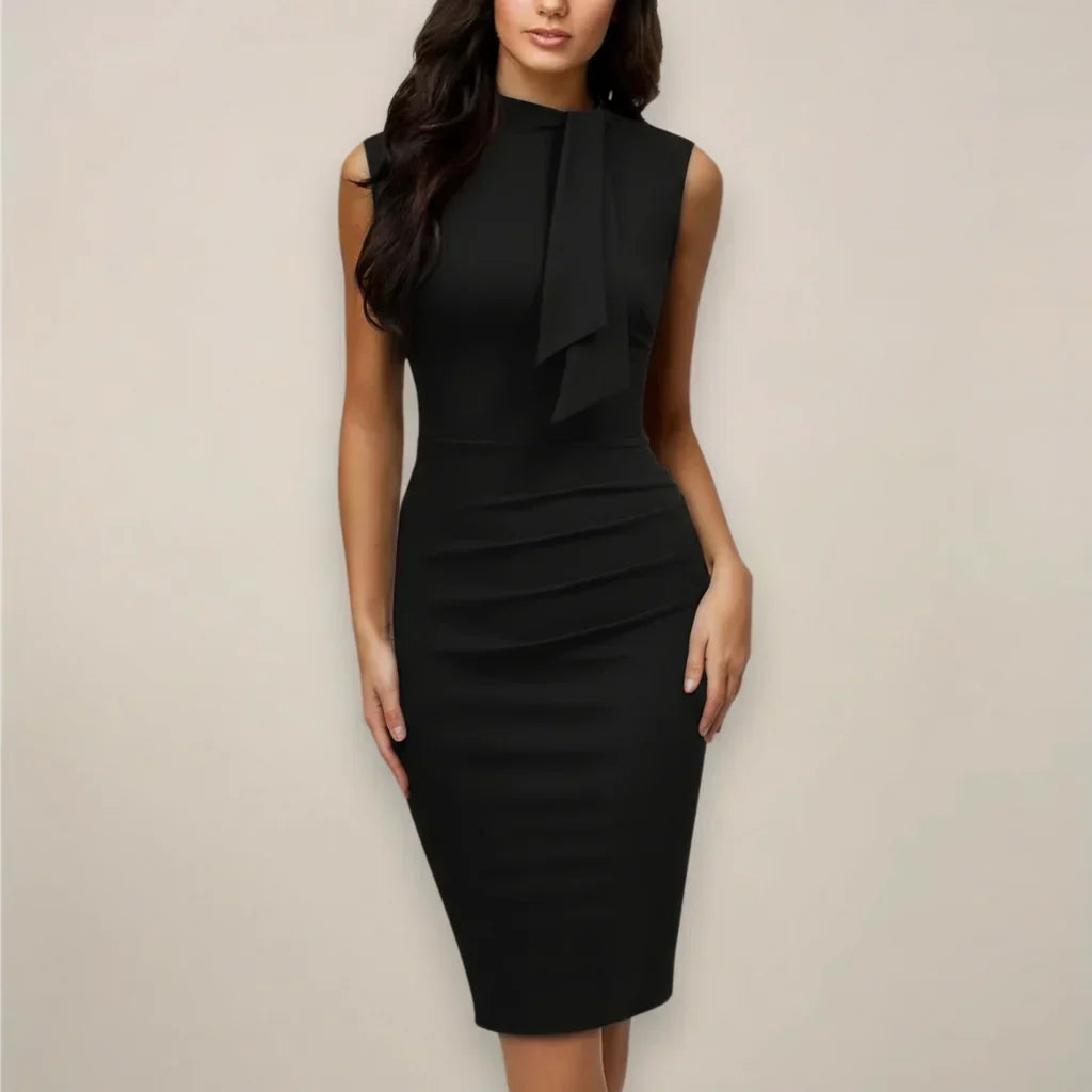 Women's Cocktail Dress | Midi Mock Neck Ruched Side