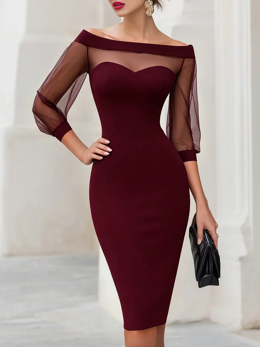 Women's Cocktail Dress | Midi Off-Shoulder Sweetheart Sheer Sleeve