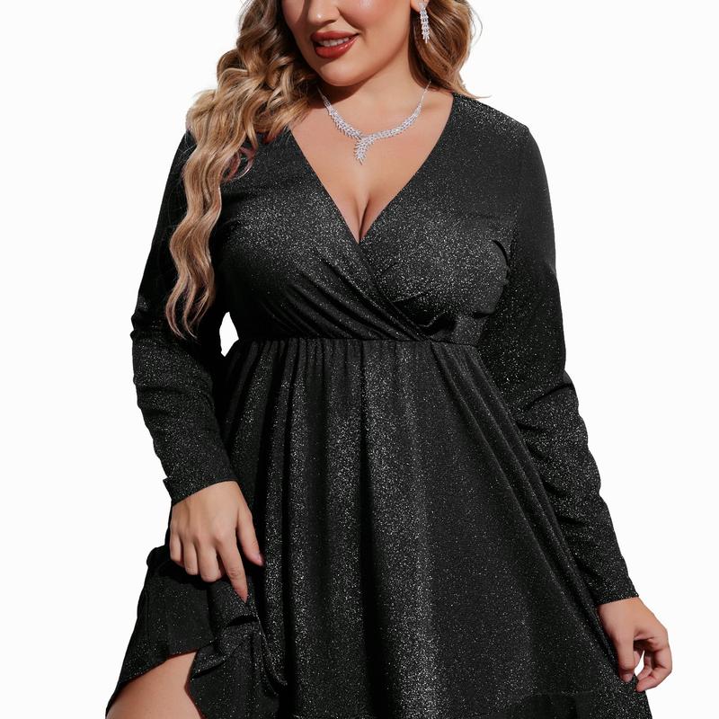 Women's Cocktail Dress | Midi Plus Size Glitter V-Neck Ruffle Hem