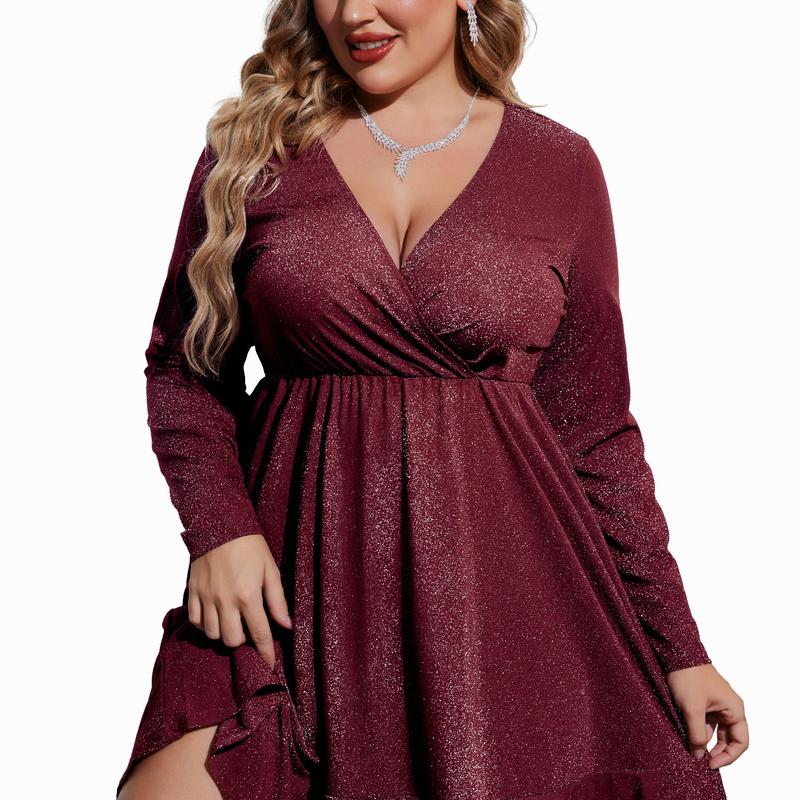 Women's Cocktail Dress | Midi Plus Size Glitter V-Neck Ruffle Hem