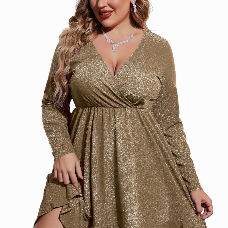 Women's Cocktail Dress | Midi Plus Size Glitter V-Neck Ruffle Hem