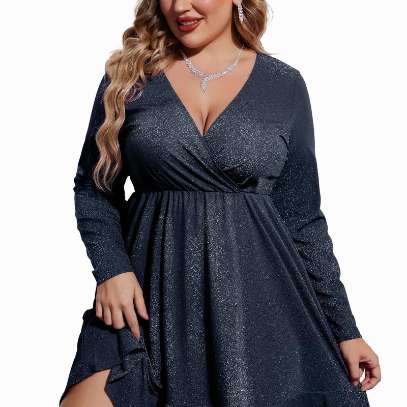 Women's Cocktail Dress | Midi Plus Size Glitter V-Neck Ruffle Hem