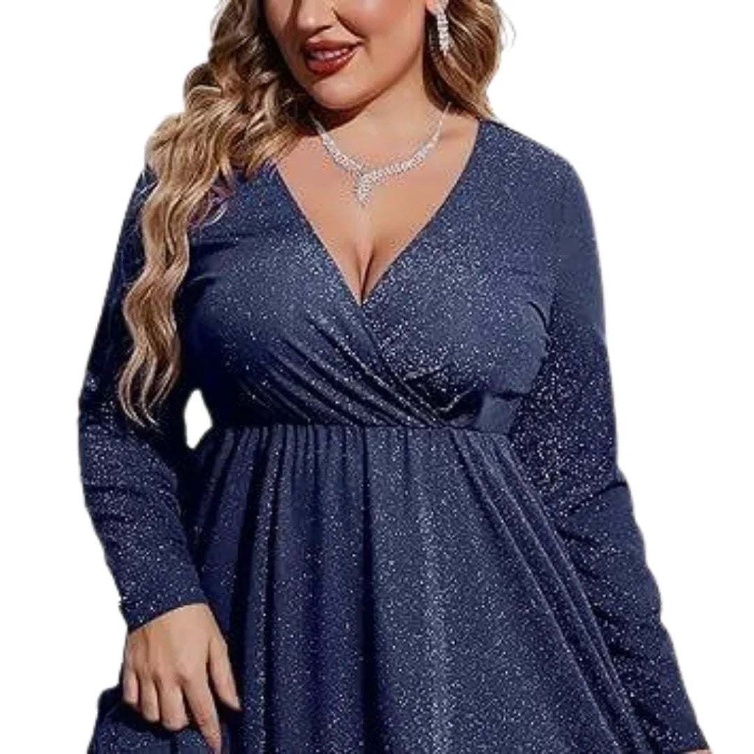 Women's Cocktail Dress | Midi Plus Size Glitter V-Neck Ruffle Hem