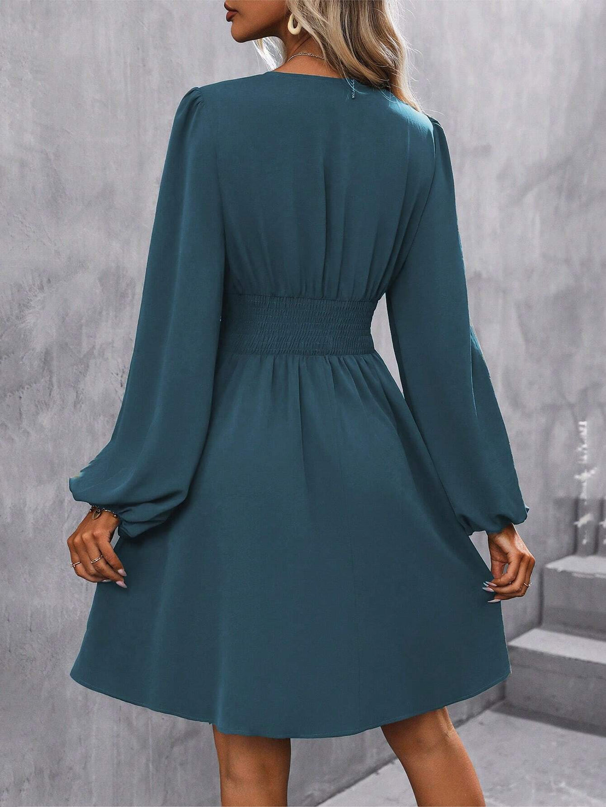 Women's Cocktail Dress | Mini Lantern Sleeve V-Neck Wrap