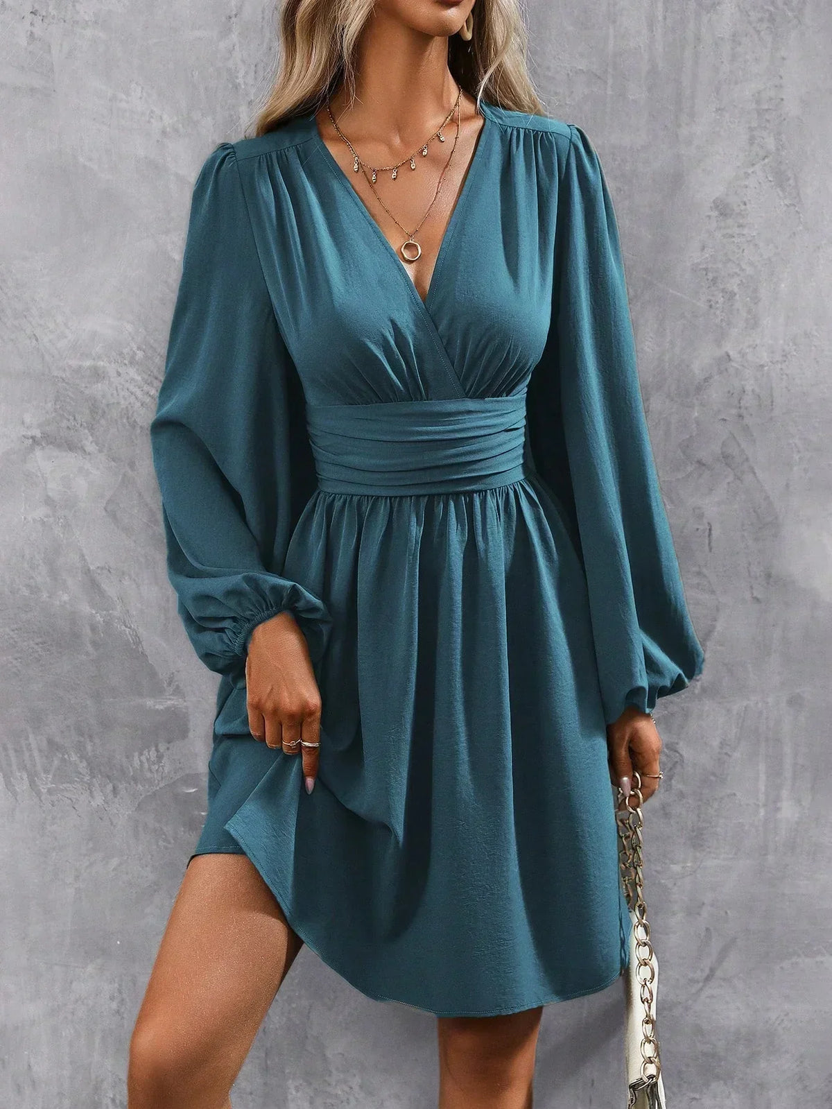 Women's Cocktail Dress | Mini Lantern Sleeve V-Neck Wrap
