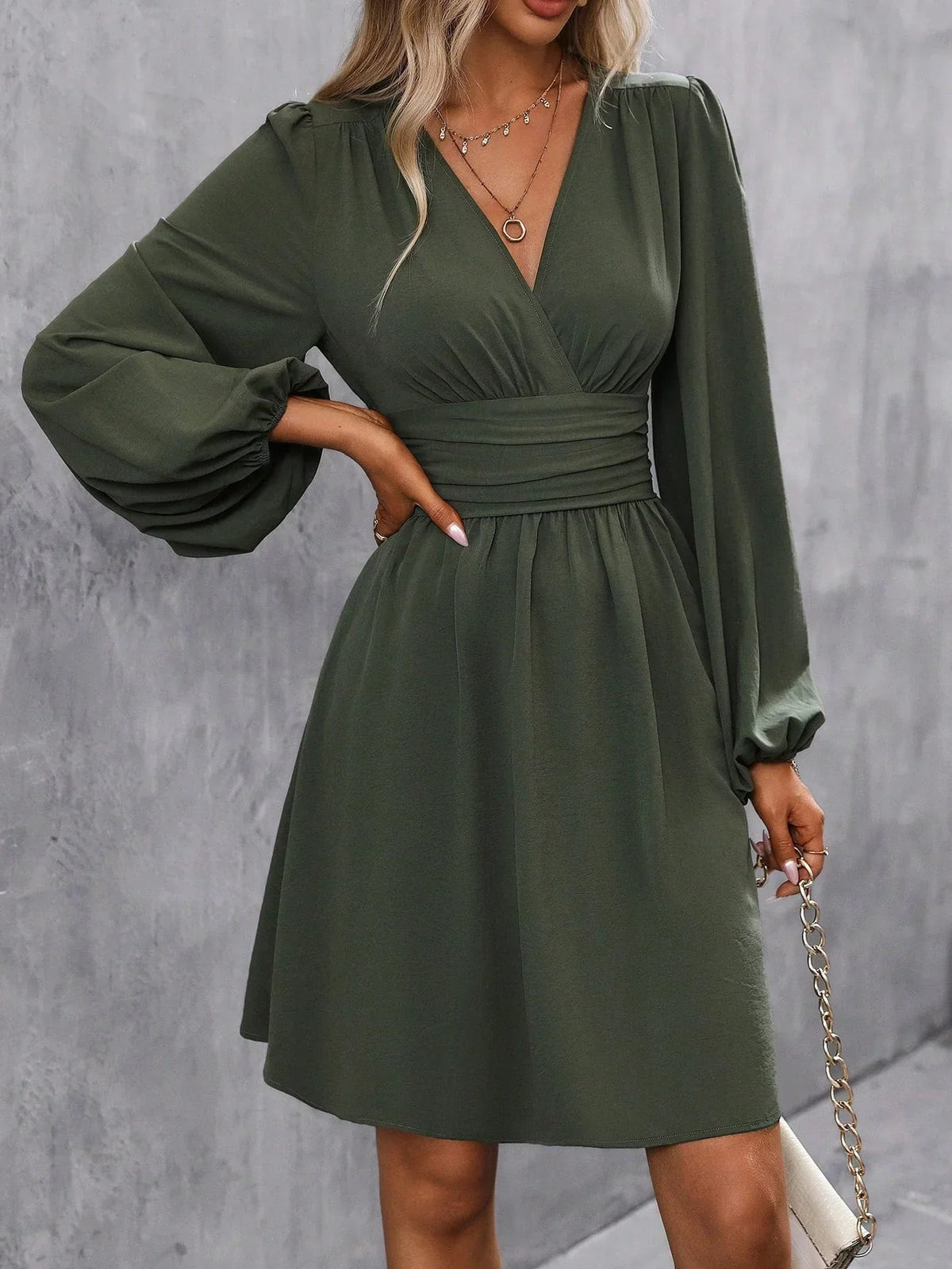 Women's Cocktail Dress | Mini Lantern Sleeve V-Neck Wrap