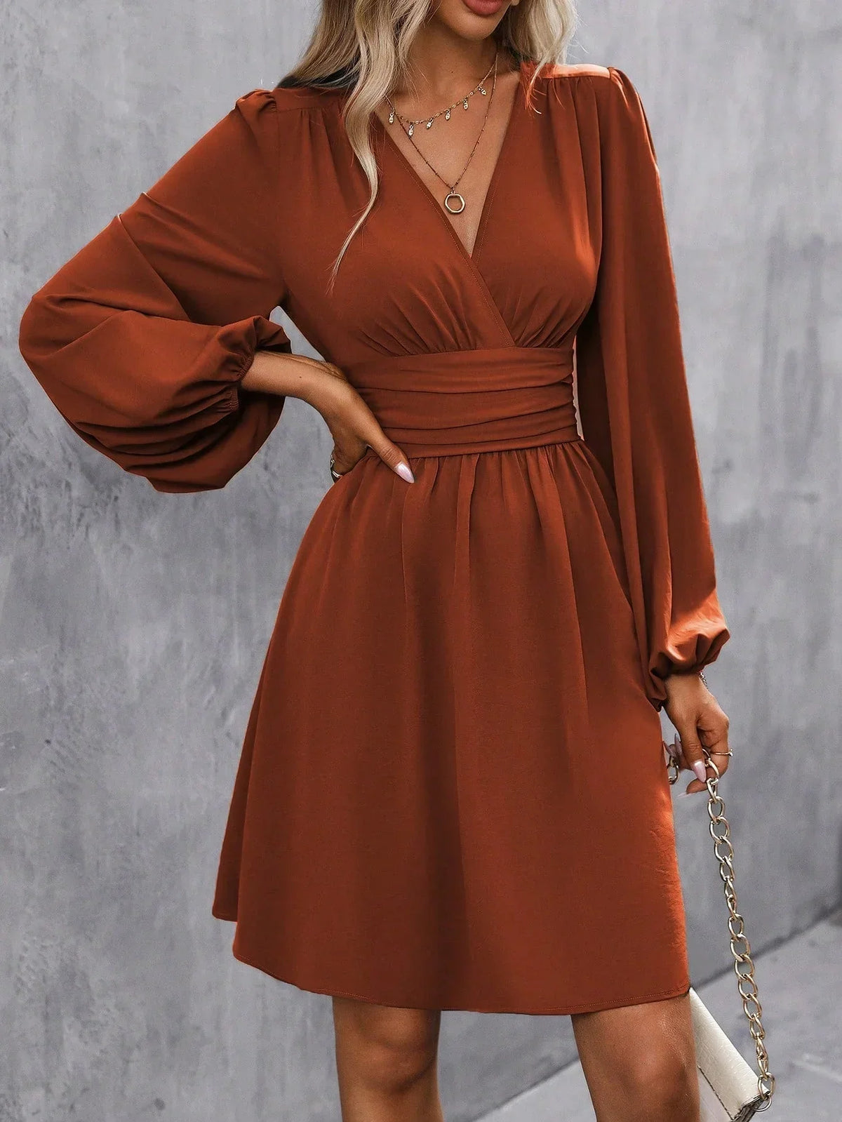 Women's Cocktail Dress | Mini Lantern Sleeve V-Neck Wrap