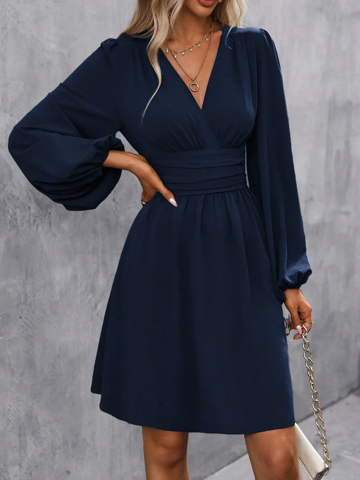 Women's Cocktail Dress | Mini Lantern Sleeve V-Neck Wrap