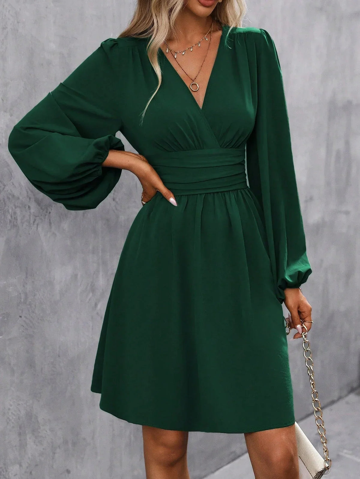 Women's Cocktail Dress | Mini Lantern Sleeve V-Neck Wrap