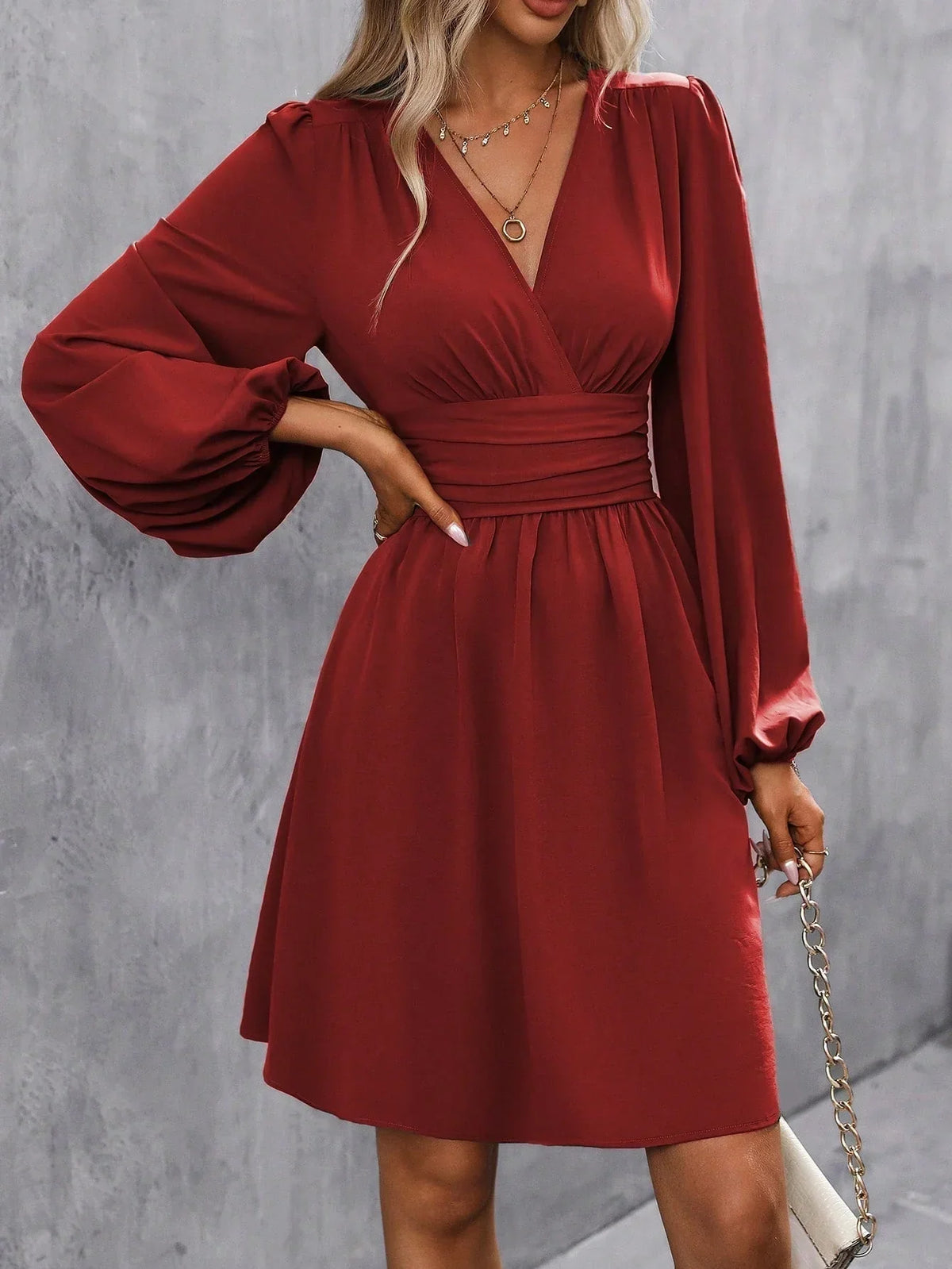 Women's Cocktail Dress | Mini Lantern Sleeve V-Neck Wrap