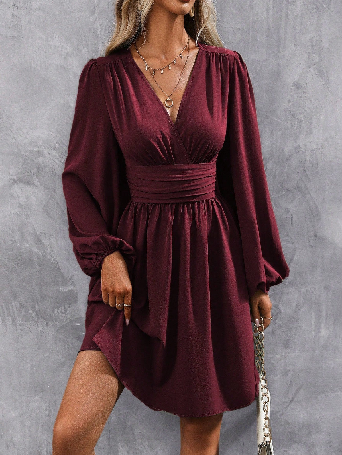 Women's Cocktail Dress | Mini Lantern Sleeve V-Neck Wrap