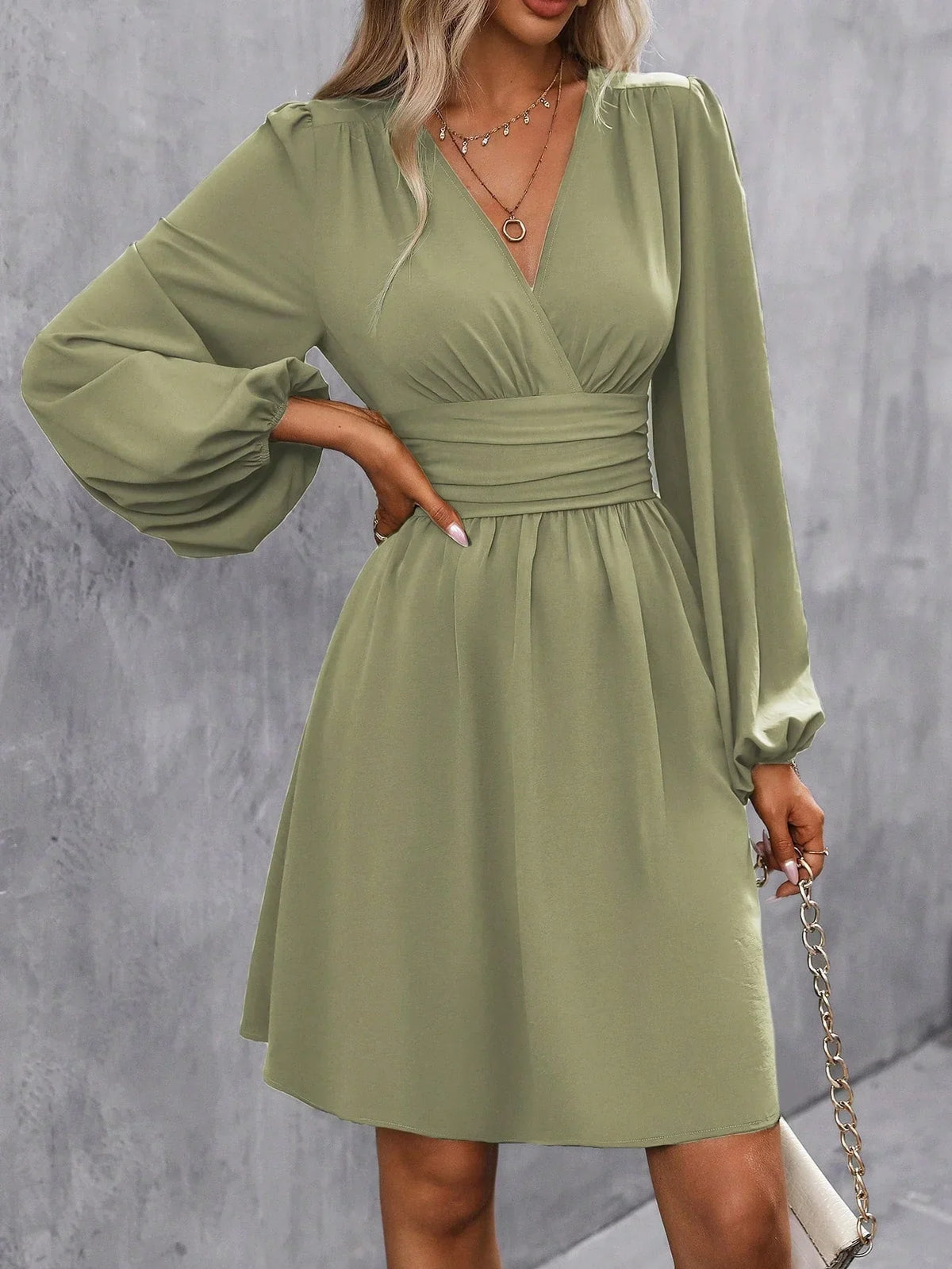 Women's Cocktail Dress | Mini Lantern Sleeve V-Neck Wrap